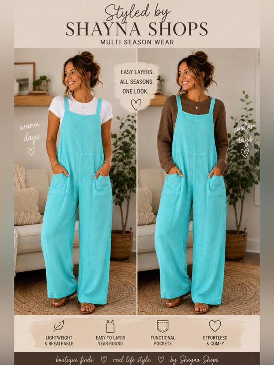 Zenana Outfitters Pants - Zenana Mint Sky Cotton Gauze Wide-Leg Jumpsuit